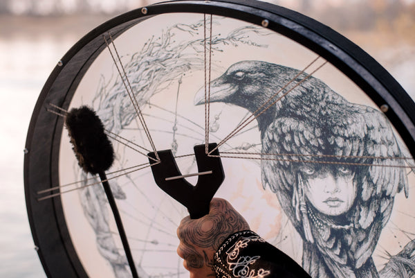 16", 18”, 20", 24”, 28” Shaman's Raven with Woman Vegan Tunable Hand Drum