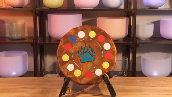 “Bear Paw” 13 inch Bear Paw Painted Indigenous Hand Drum: Healing, blue circle for water. Love this drum feels so upbeat and ready to heal